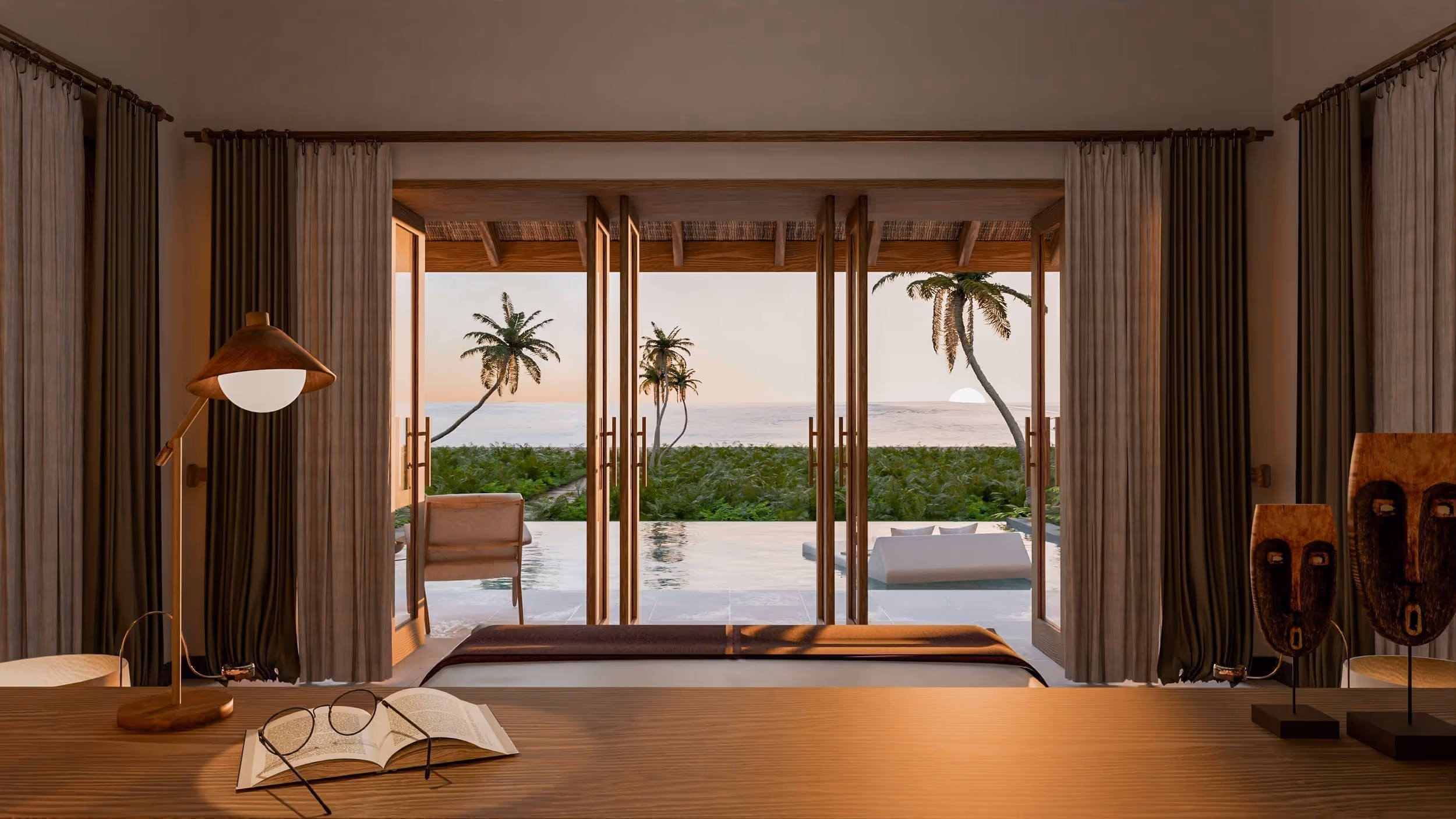 Luxury interior with ocean sunset
